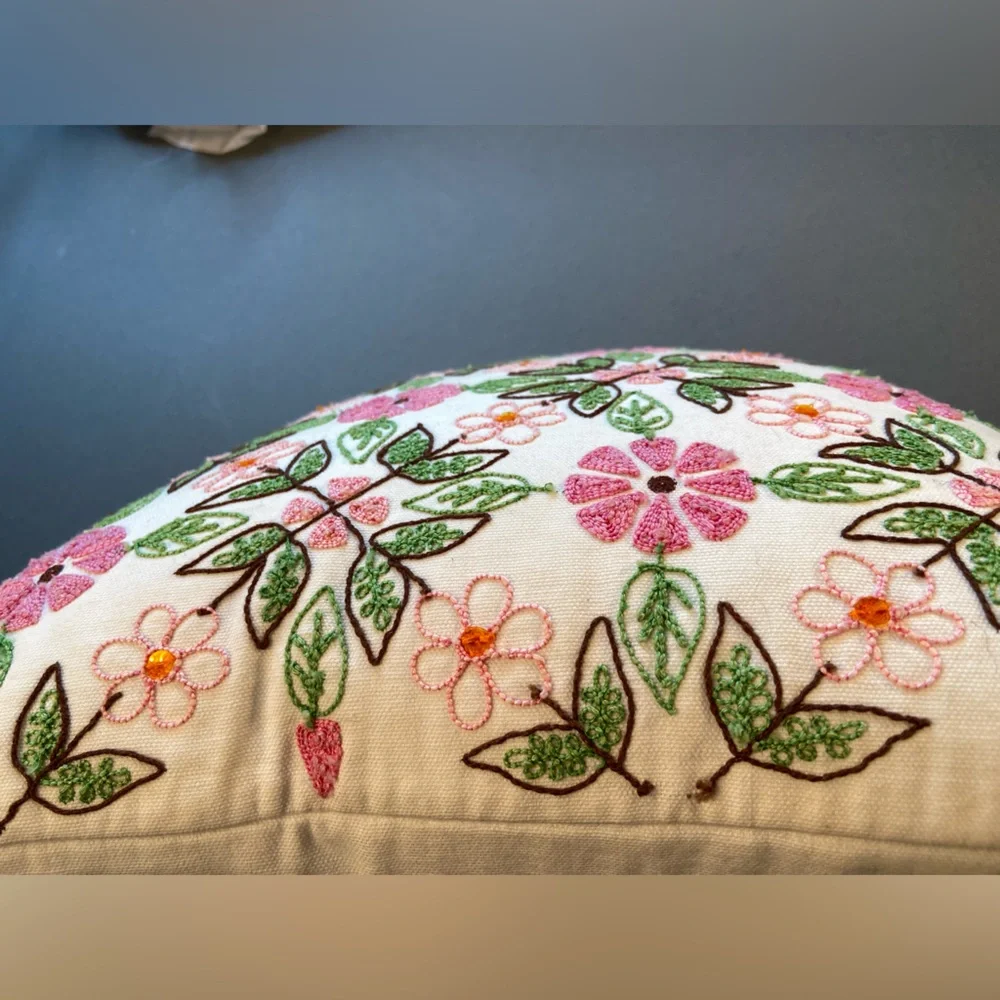 Pink and Green Pillow Embroidered Floral,  Pottery Barn Teen, 16” x‎ 16” square
